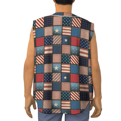 USA Denim Patchwork Pattern Print Sleeveless Baseball Jersey