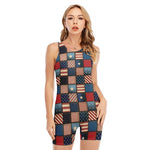USA Denim Patchwork Pattern Print Sleeveless One Piece Swimsuit