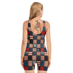 USA Denim Patchwork Pattern Print Sleeveless One Piece Swimsuit