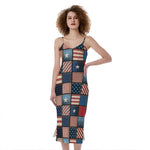 USA Denim Patchwork Pattern Print Slim Fit Midi Cami Dress