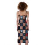 USA Denim Patchwork Pattern Print Slim Fit Midi Cami Dress