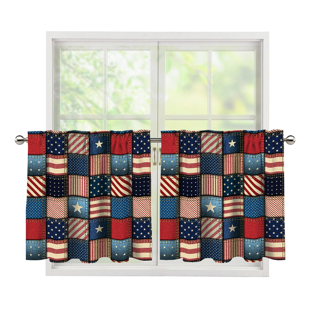 USA Denim Patchwork Pattern Print Tier Curtains