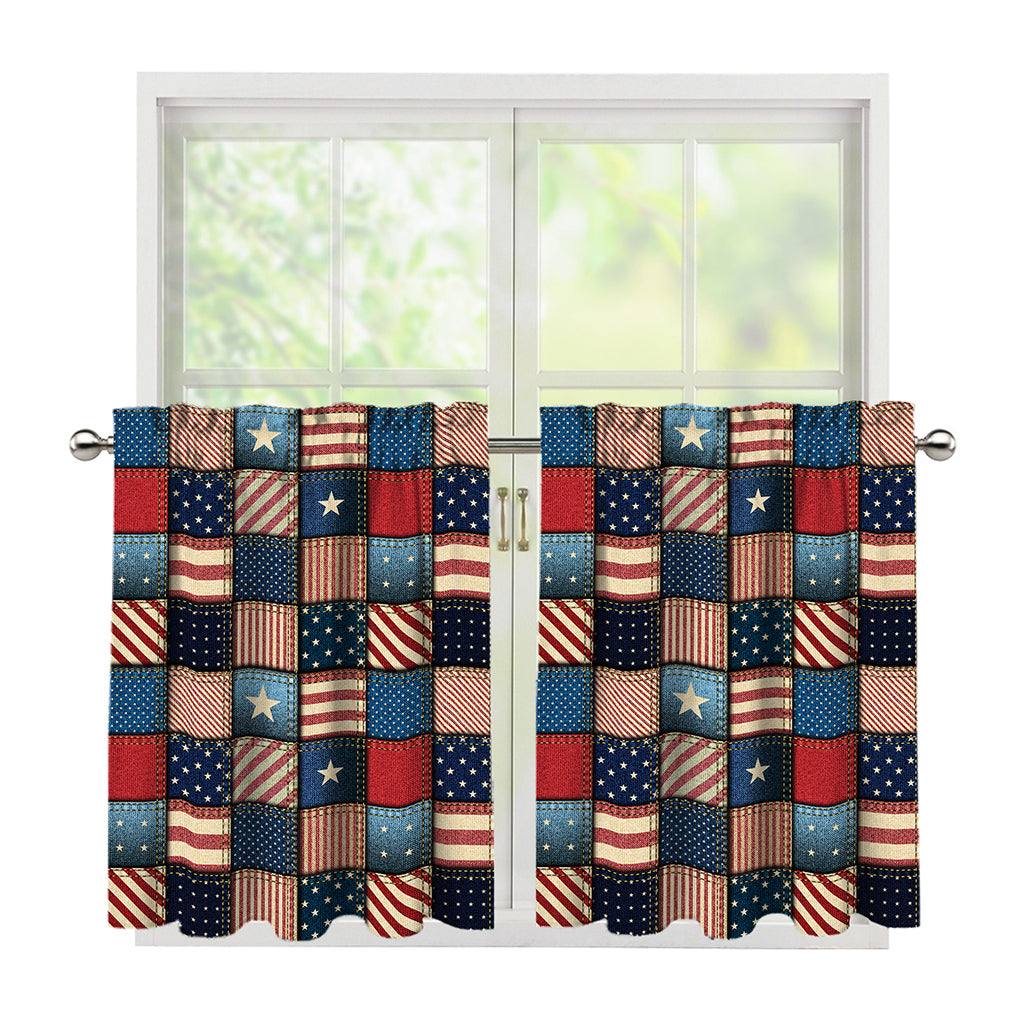 USA Denim Patchwork Pattern Print Tier Curtains
