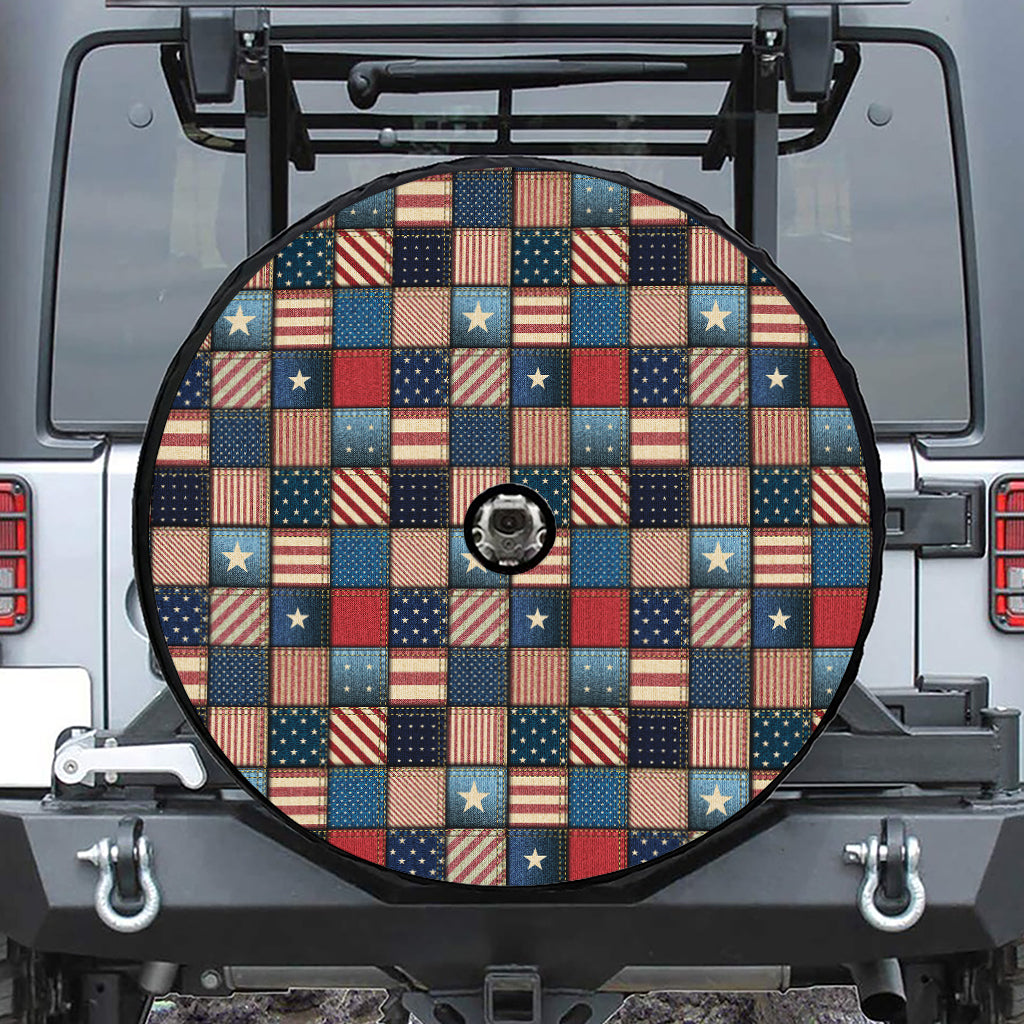 USA Denim Patchwork Pattern Print Tire Cover With Camera Hole