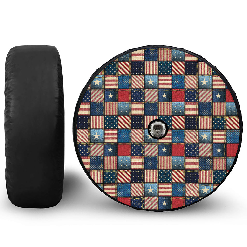 USA Denim Patchwork Pattern Print Tire Cover With Camera Hole