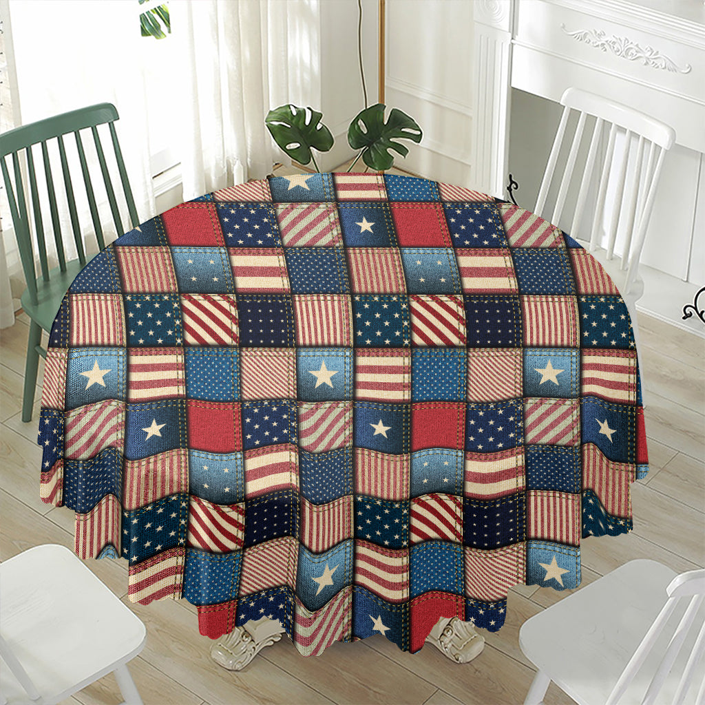 USA Denim Patchwork Pattern Print Waterproof Round Tablecloth