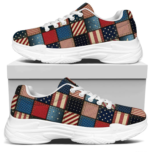 USA Denim Patchwork Pattern Print White Chunky Shoes