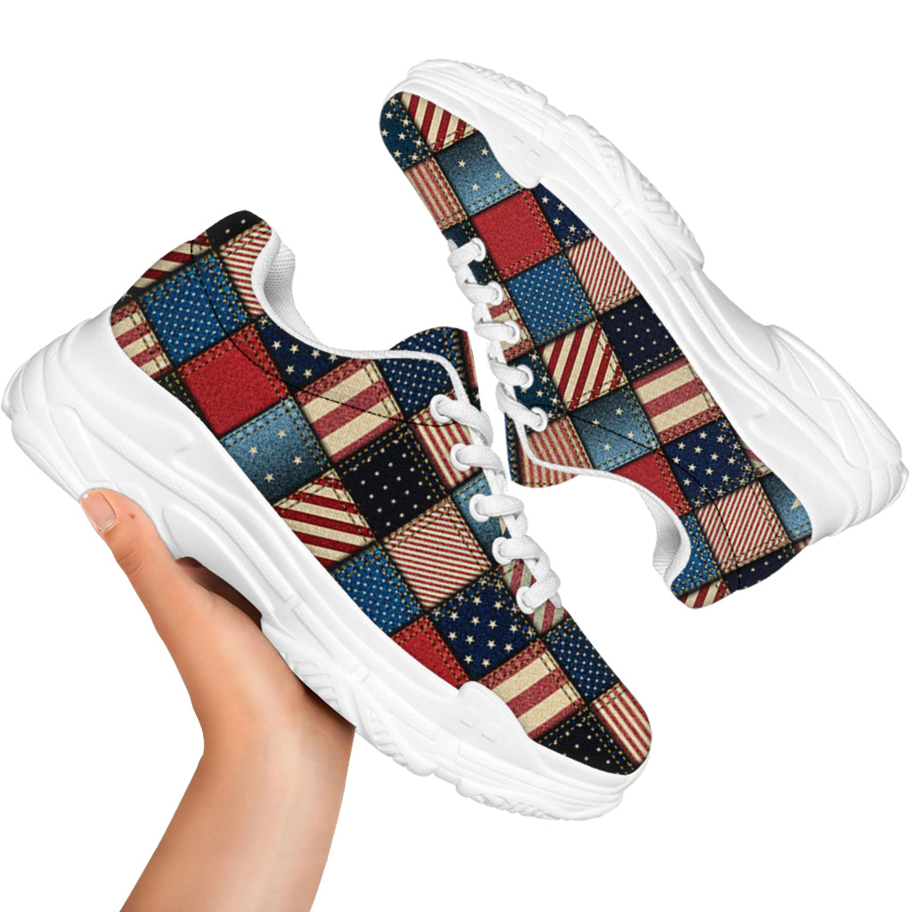 USA Denim Patchwork Pattern Print White Chunky Shoes