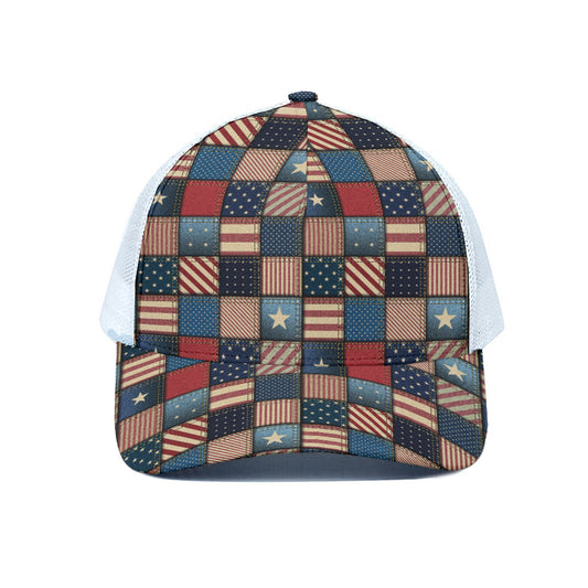 USA Denim Patchwork Pattern Print White Mesh Trucker Cap