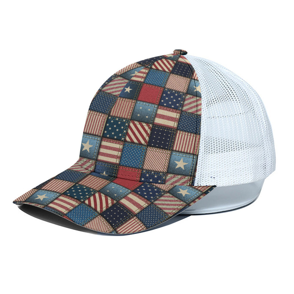 USA Denim Patchwork Pattern Print White Mesh Trucker Cap