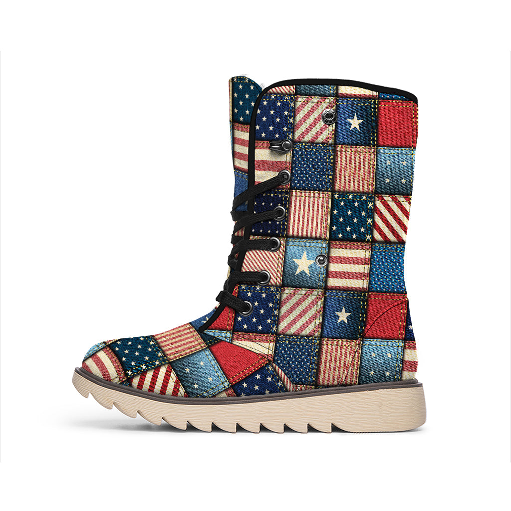 USA Denim Patchwork Pattern Print Winter Boots