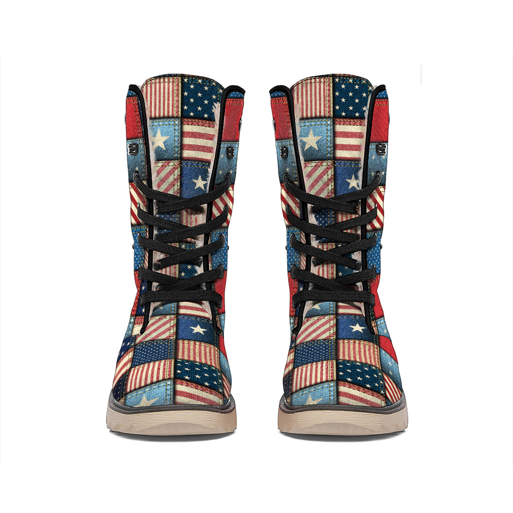 USA Denim Patchwork Pattern Print Winter Boots