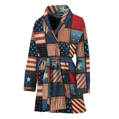 USA Denim Patchwork Pattern Print Women's Bathrobe