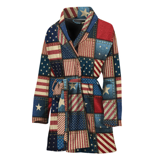 USA Denim Patchwork Pattern Print Women's Bathrobe