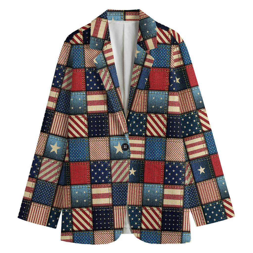 USA Denim Patchwork Pattern Print Women's Blazer