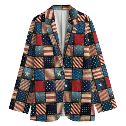 USA Denim Patchwork Pattern Print Women's Blazer