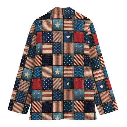USA Denim Patchwork Pattern Print Women's Blazer