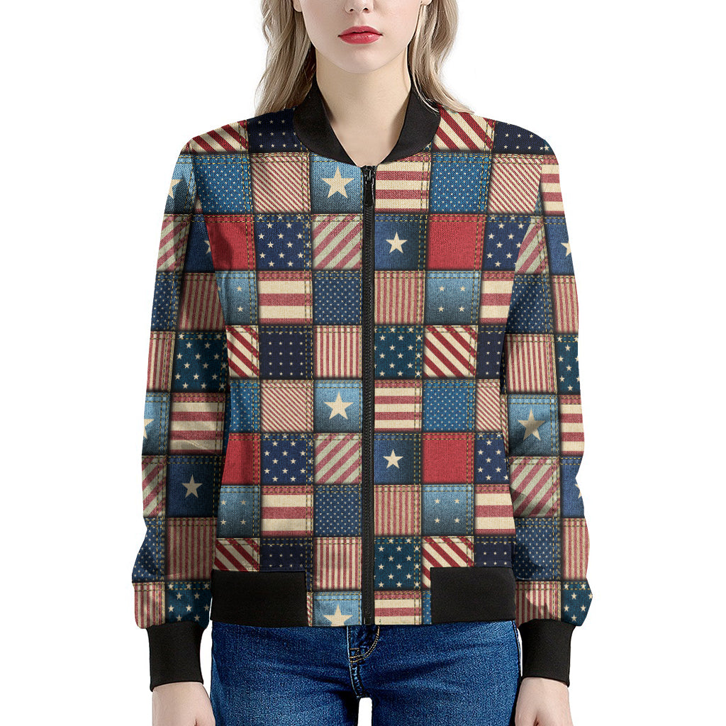 USA Denim Patchwork Pattern Print Women's Bomber Jacket