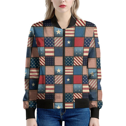 USA Denim Patchwork Pattern Print Women's Bomber Jacket