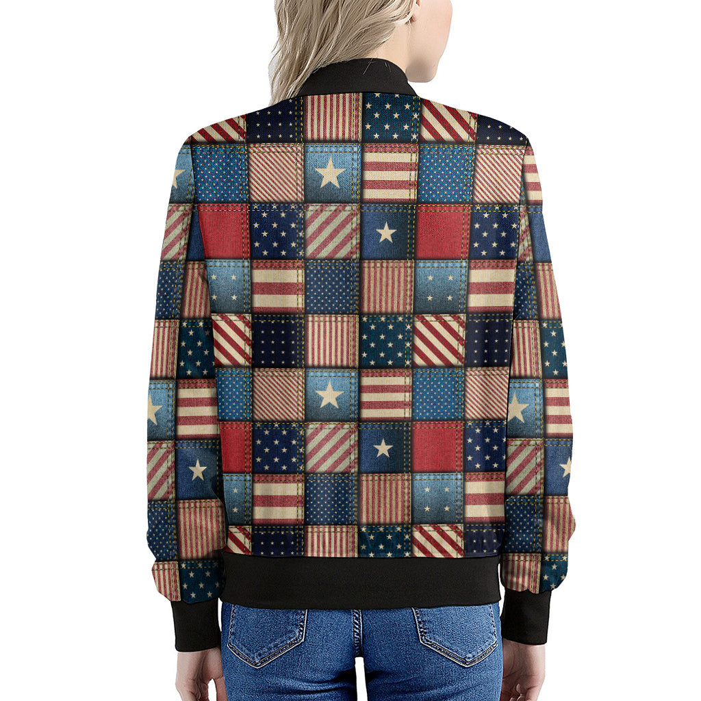 USA Denim Patchwork Pattern Print Women's Bomber Jacket