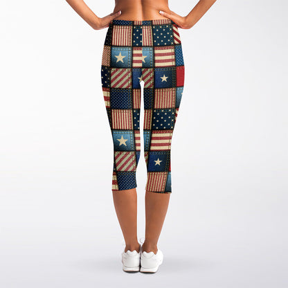 USA Denim Patchwork Pattern Print Women's Capri Leggings