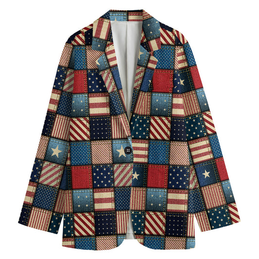 USA Denim Patchwork Pattern Print Women's Cotton Blazer