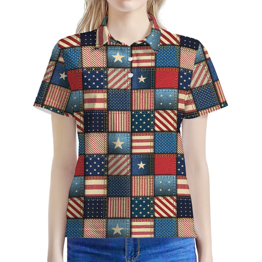 USA Denim Patchwork Pattern Print Women's Polo Shirt
