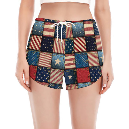 USA Denim Patchwork Pattern Print Women's Split Running Shorts