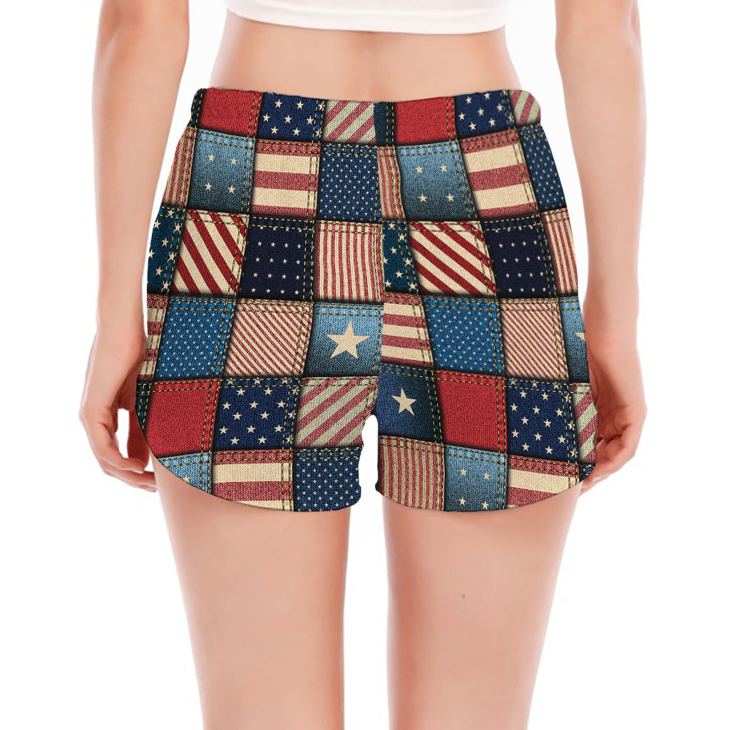USA Denim Patchwork Pattern Print Women's Split Running Shorts