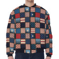 USA Denim Patchwork Pattern Print Zip Sleeve Bomber Jacket