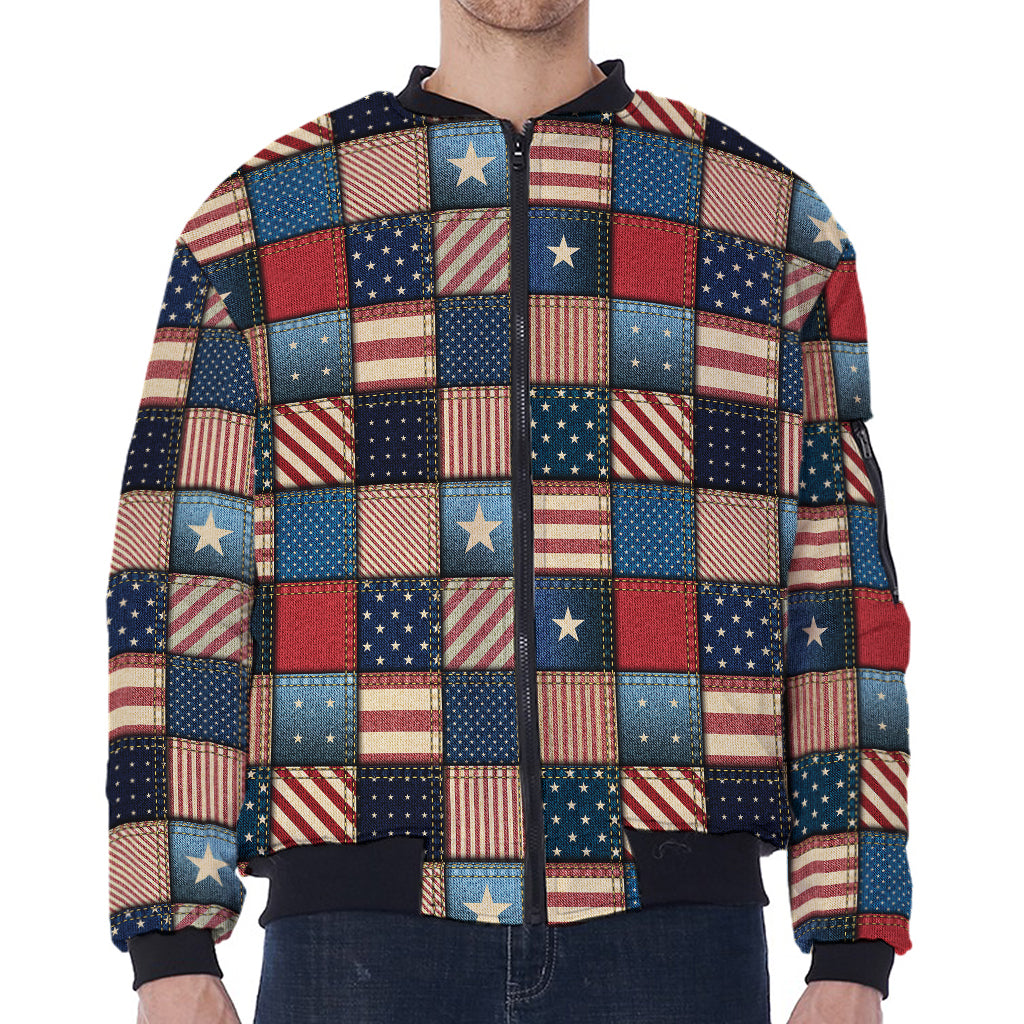 USA Denim Patchwork Pattern Print Zip Sleeve Bomber Jacket