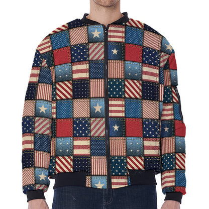 USA Denim Patchwork Pattern Print Zip Sleeve Bomber Jacket