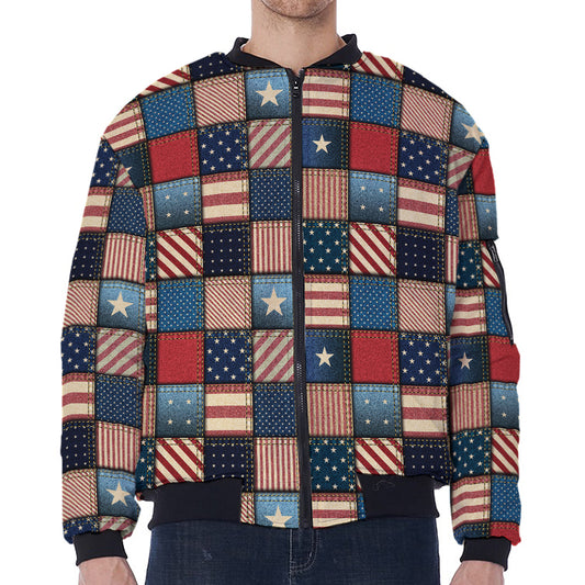 USA Denim Patchwork Pattern Print Zip Sleeve Bomber Jacket