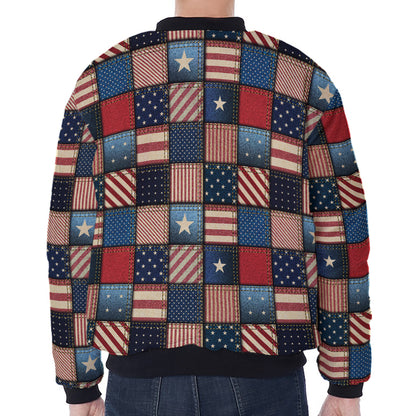 USA Denim Patchwork Pattern Print Zip Sleeve Bomber Jacket