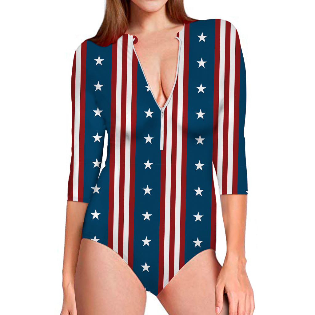 USA Independence Day Pattern Print Long Sleeve Swimsuit