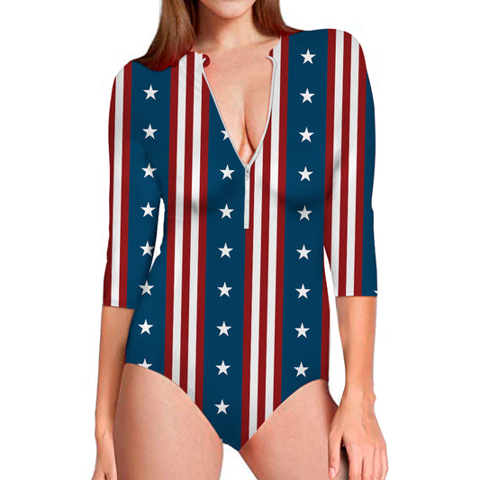 USA Independence Day Pattern Print Long Sleeve Swimsuit