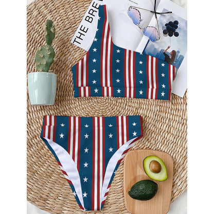 USA Independence Day Pattern Print One Shoulder Bikini Top