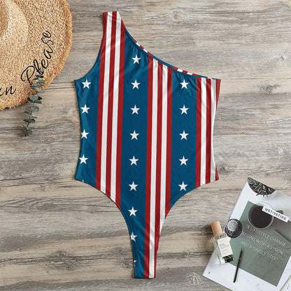 USA Independence Day Pattern Print One Shoulder Bodysuit