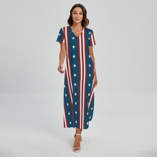 USA Independence Day Pattern Print Short Sleeve Maxi Dress