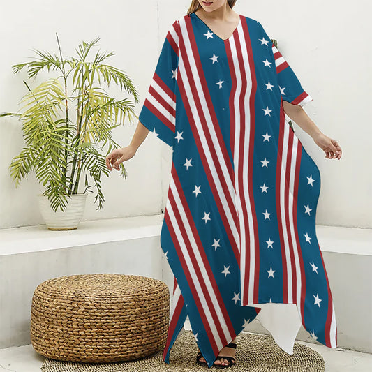 USA Independence Day Pattern Print Silk V-Neck Kaftan Dress