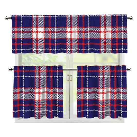 USA Patriotic Plaid Print 3 Piece Kitchen Curtains