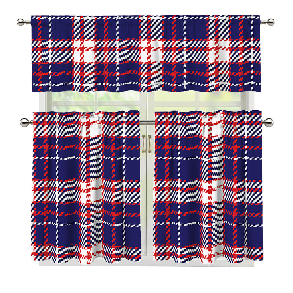 USA Patriotic Plaid Print 3 Piece Kitchen Curtains