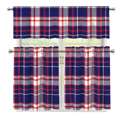 USA Patriotic Plaid Print 3 Piece Kitchen Curtains