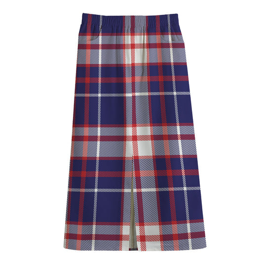 USA Patriotic Plaid Print Cotton Front Slit Maxi Skirt