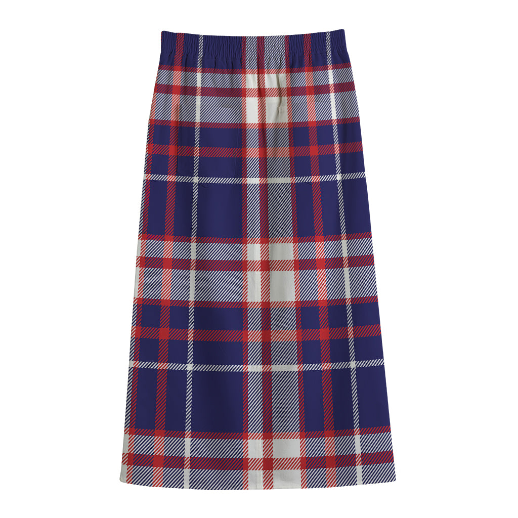 USA Patriotic Plaid Print Cotton Front Slit Maxi Skirt