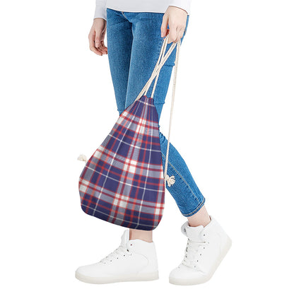 USA Patriotic Plaid Print Drawstring Bag
