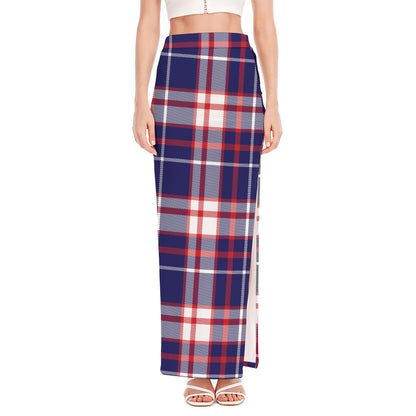 USA Patriotic Plaid Print High Slit Maxi Skirt