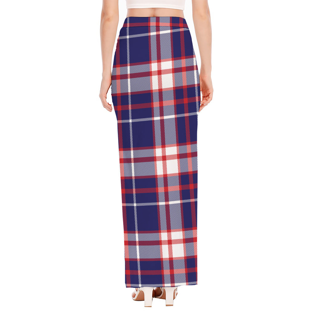 USA Patriotic Plaid Print High Slit Maxi Skirt