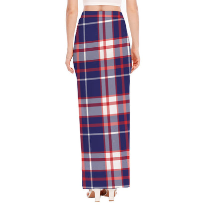 USA Patriotic Plaid Print High Slit Maxi Skirt