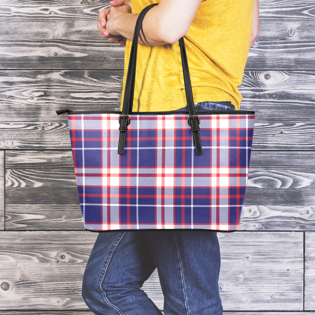 USA Patriotic Plaid Print Leather Tote Bag